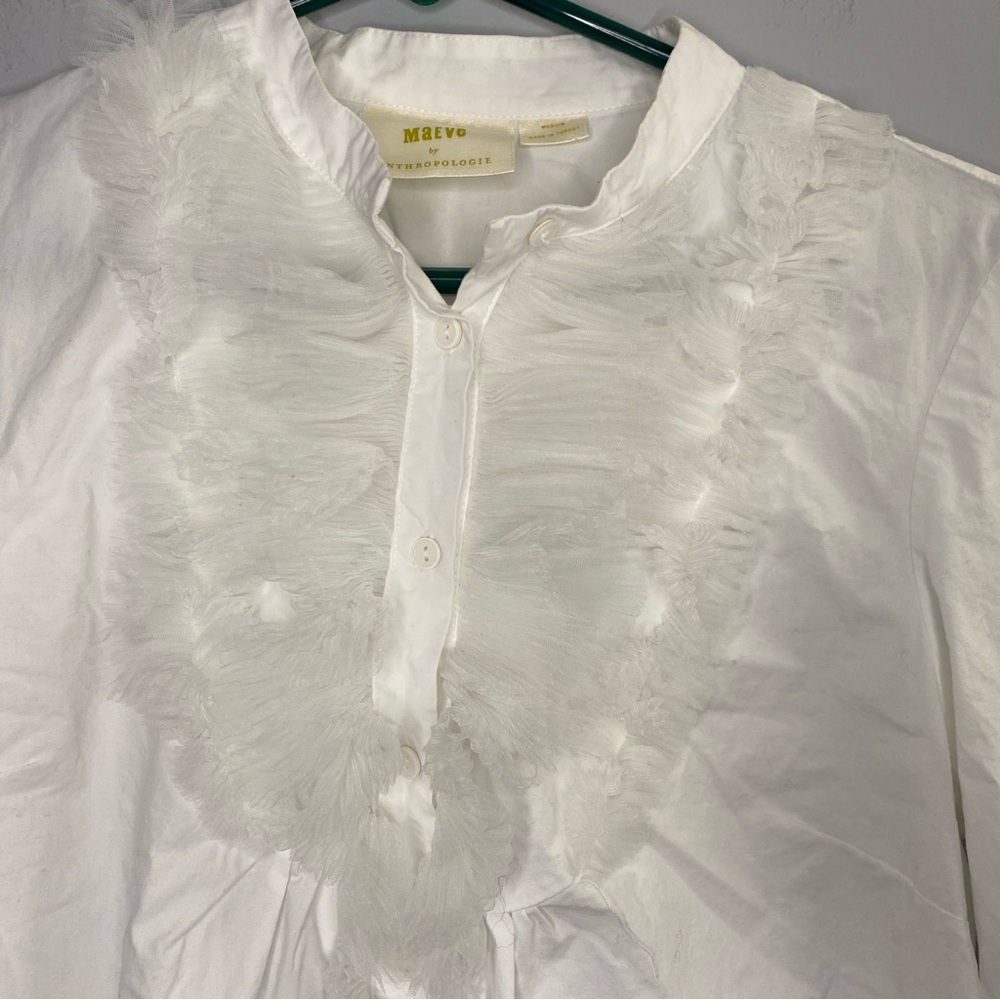 Anthropologie Maeve Tulle Trimmed Ruffle Button Down Shirt Womens M Boho Peasant
